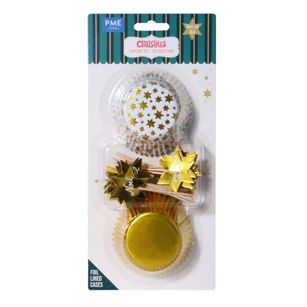 SET OF 24 CHRISTMAS CUPCAKE & TOPPER GOLDEN STARS