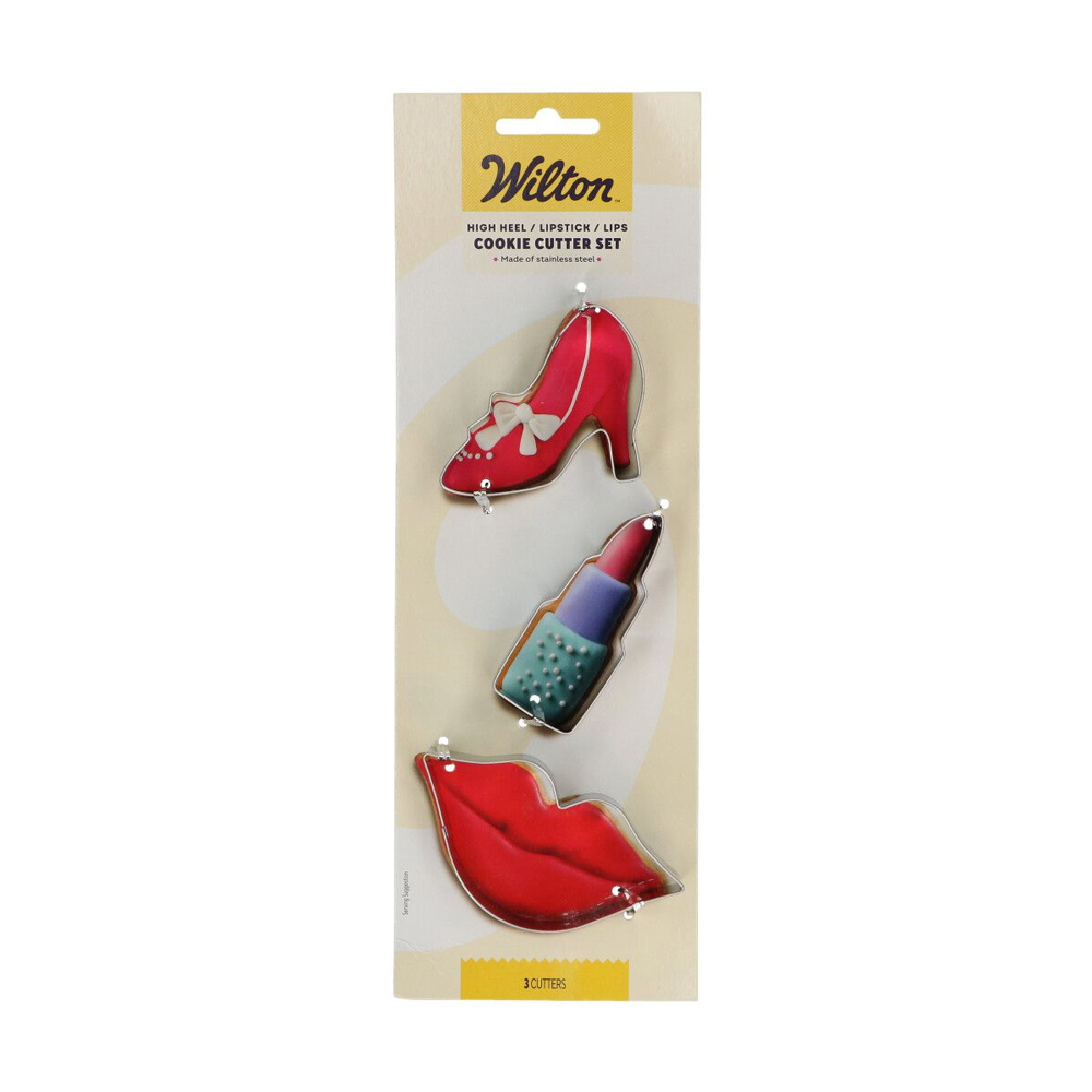 SET OF 3 WILTON COOKIE CUTTER HIGH HEEL/LIPSTICK/LIPS