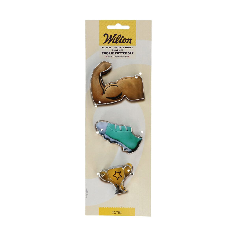 SET OF 3 WILTON COOKIE CUTTER MUSCLE/SPORTSET OF SHOE/TROPHEE