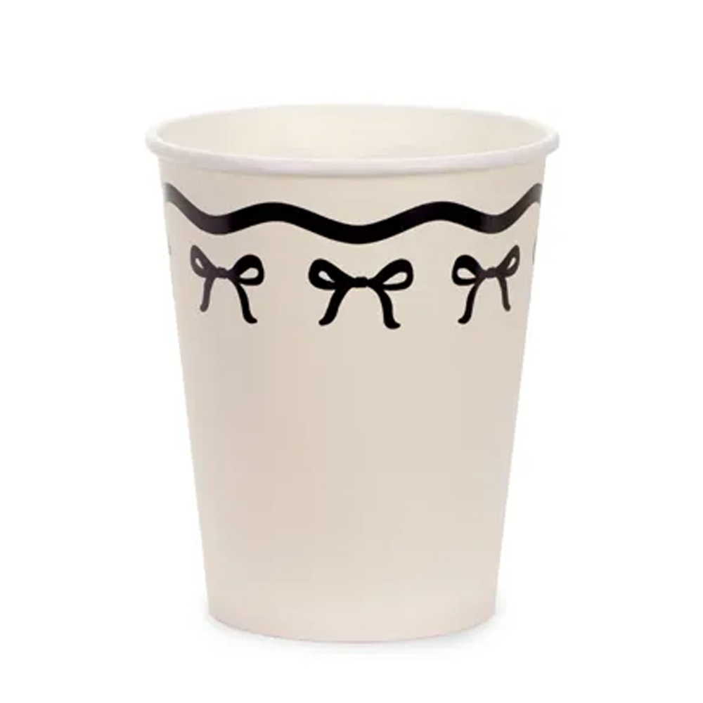 PAPER CUPS WITH BOWS CREAM-BLACK 220ML 6PCS