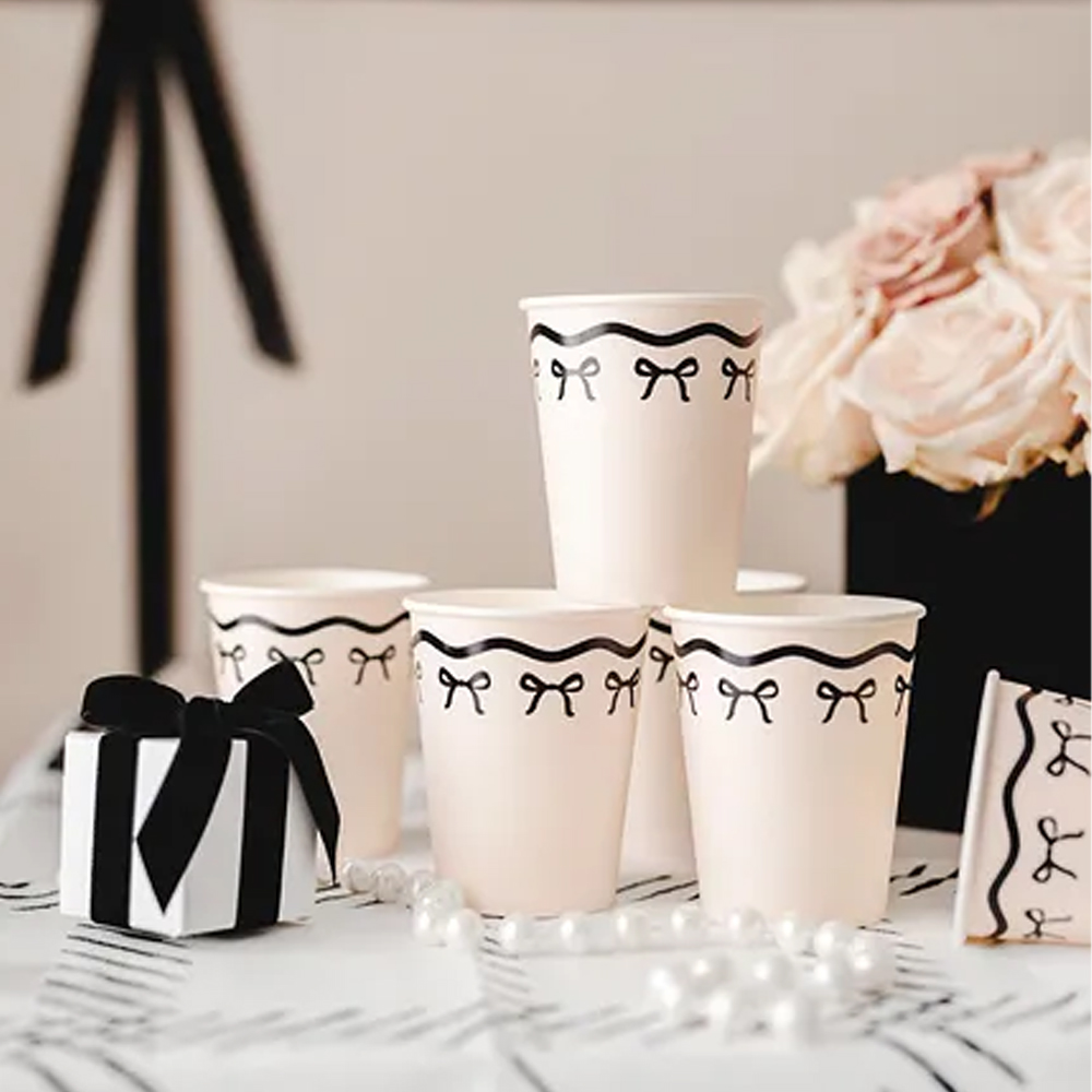 PAPER CUPS WITH BOWS CREAM-BLACK 220ML 6PCS - Image 2
