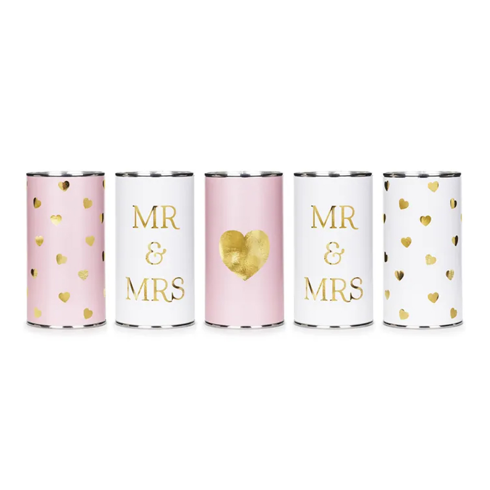 WEDDING CANS MR & MRS 14X7CM 5PCS