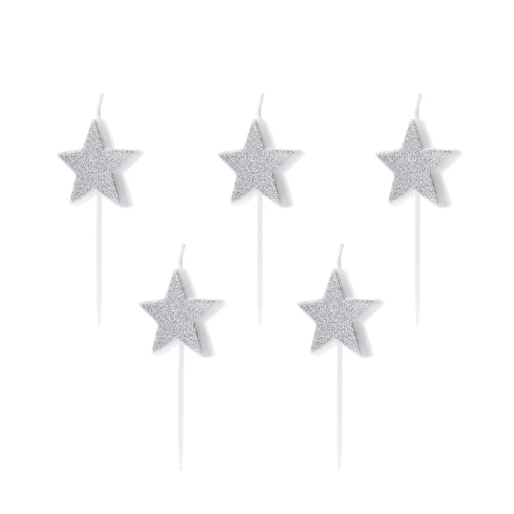 BIRTHDAY CANDLES STARS SILVER 3.5CM 5PCS