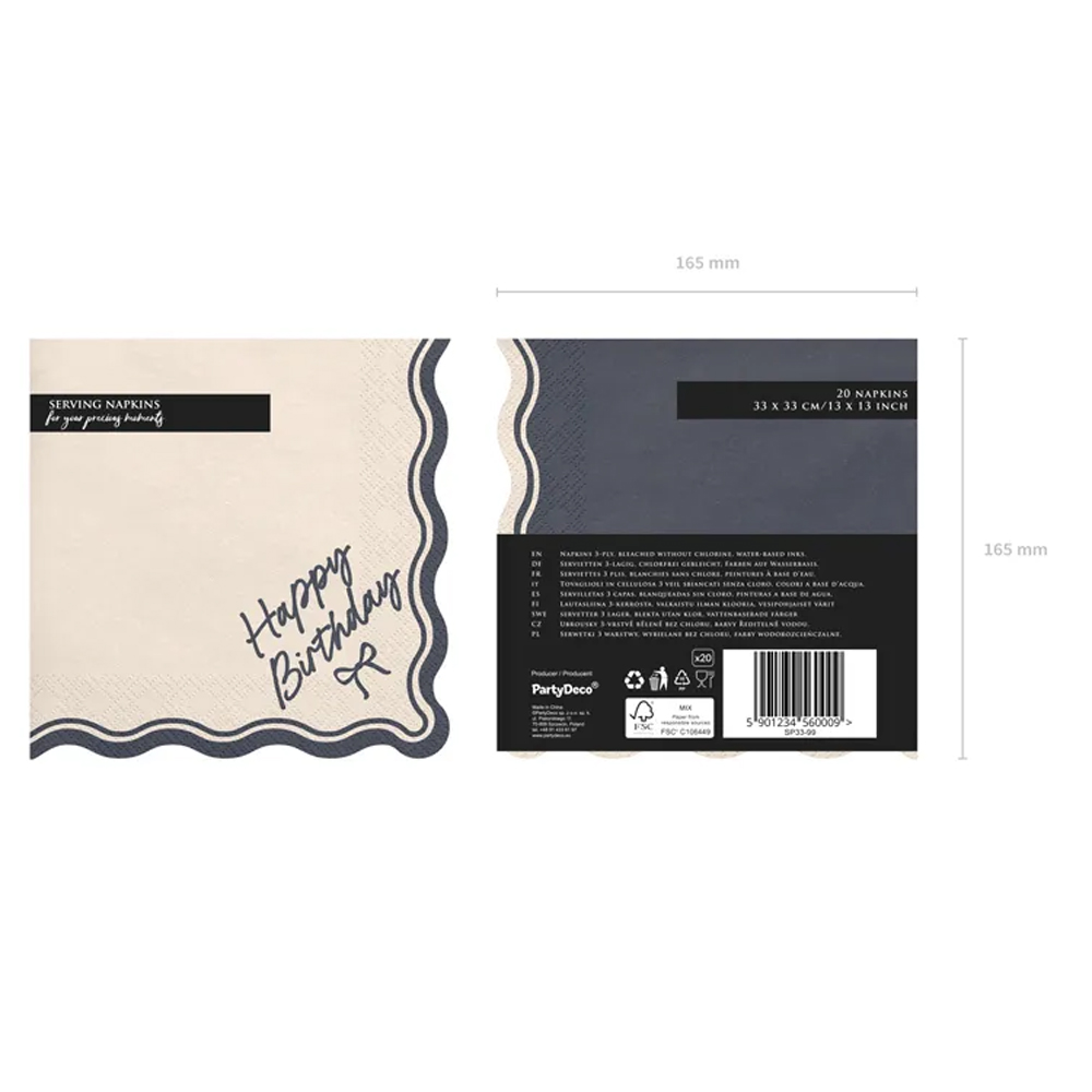 NAPKINS HAPPY BIRTHDAY BOW BEIGE BLACK 33X33CM 12PCS - Image 3