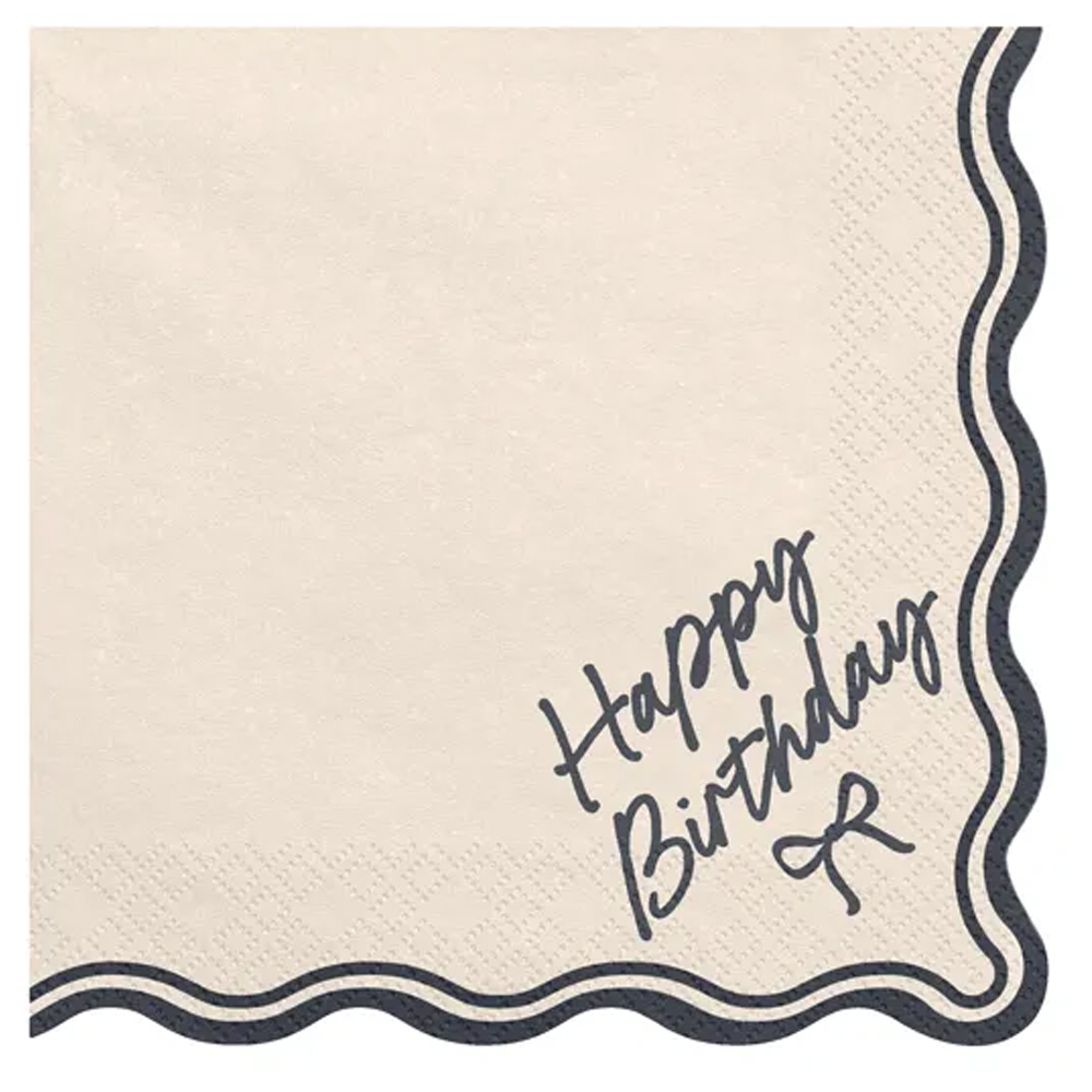 NAPKINS HAPPY BIRTHDAY BOW BEIGE BLACK 33X33CM 12PCS