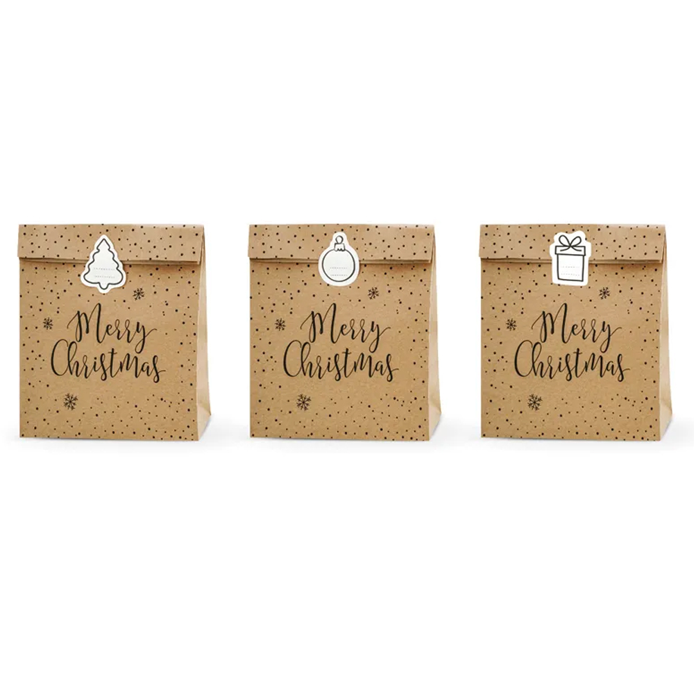 GIFT BAGS MERRY CHRISTMAS KRAFT 25X11X27CM 3PCS