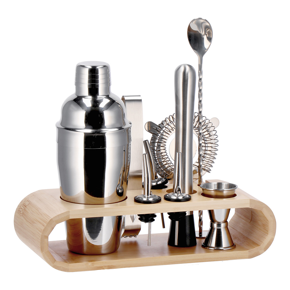 SET OF 9 COCKTAIL SET ACCESSORIES WITH BAMBOO STAND STEEL750ML