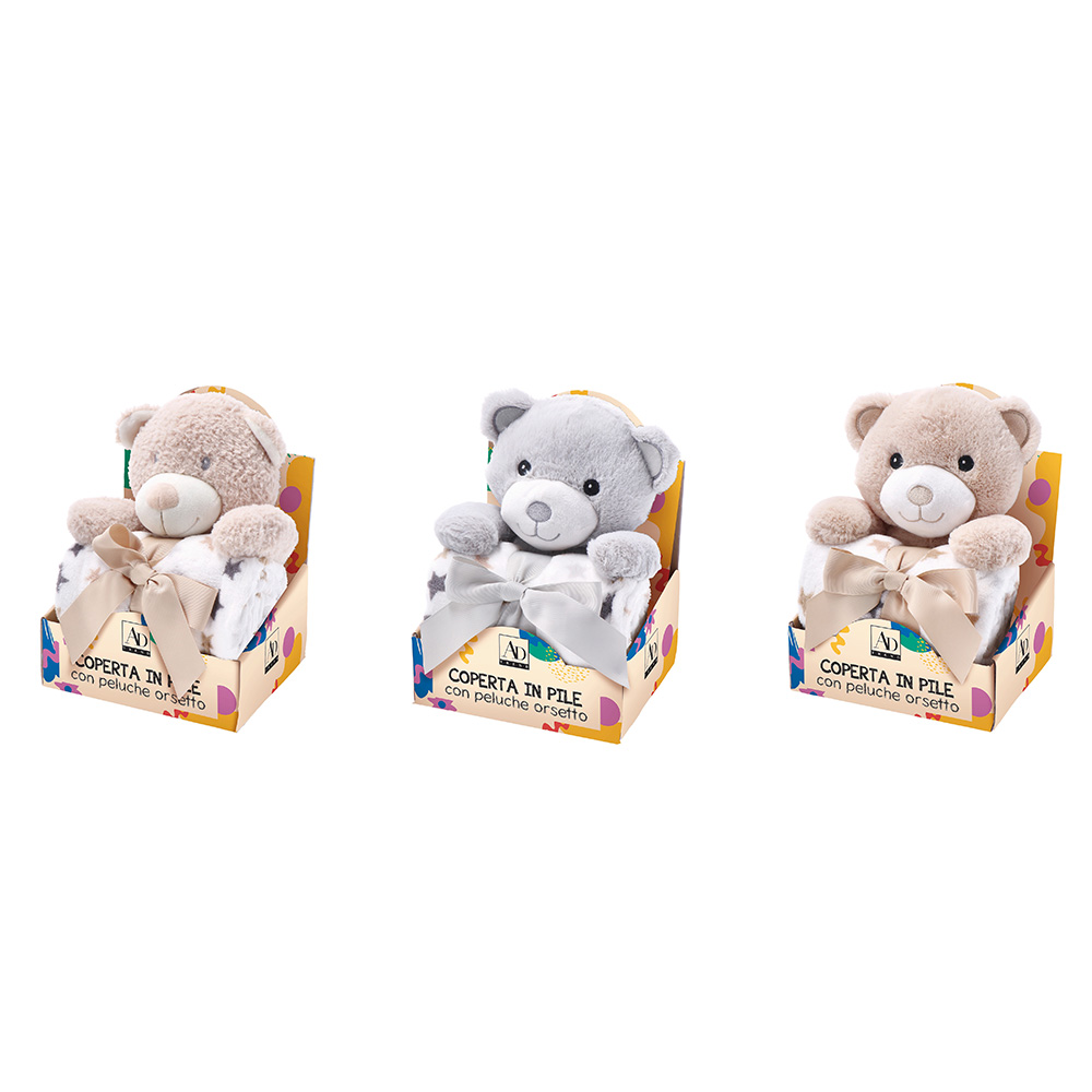 FLEECE BLANKET WITH TEDDY BEAR ASSORTED 3 COLOURS 75X90CM