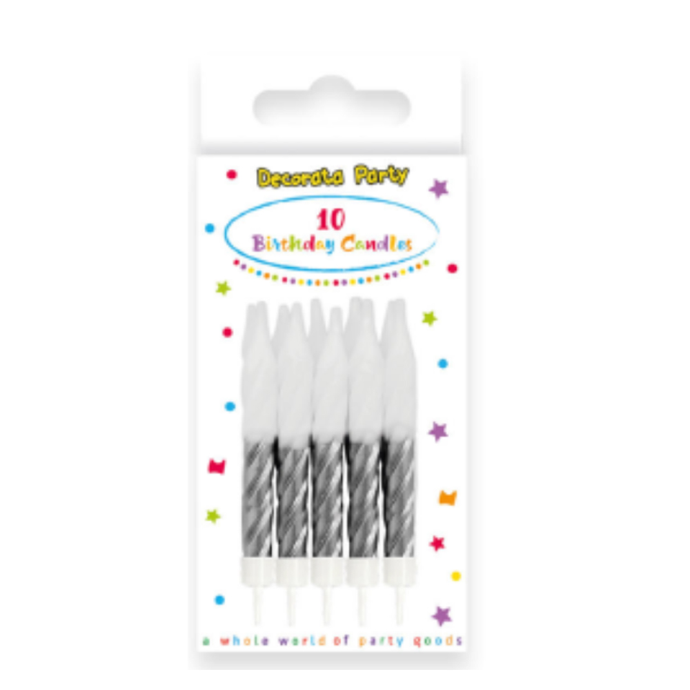BIRTHDAY CANDLES WITH HOLDERS SPIRAL SILVER 10PCS