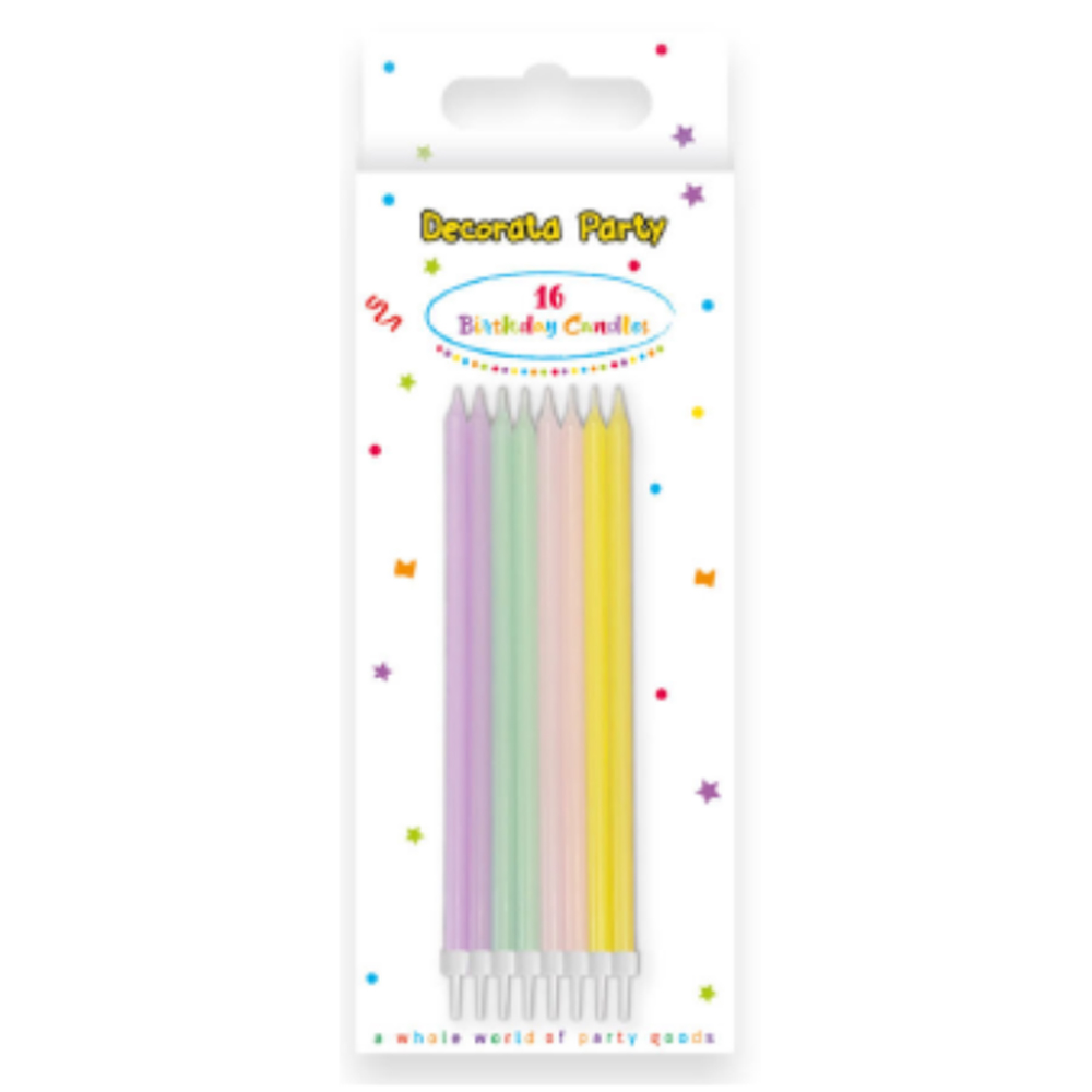BIRTHDAY CANDLES WITH HOLDERS PASTEL COLOR 14,5CM 16PCS