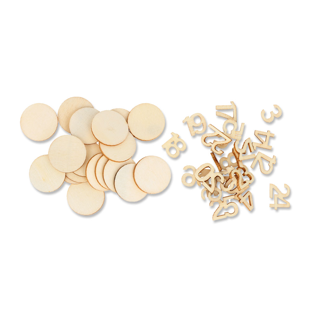 WOODEN NUMBERS AND CIRCLES 1.5/D2.5XH0.2CM 50PCS